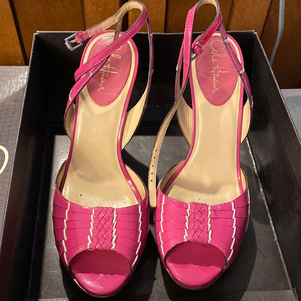 Cole Haan, pink paten leather strappy heel, size 9, Nike air, almost 5” heel